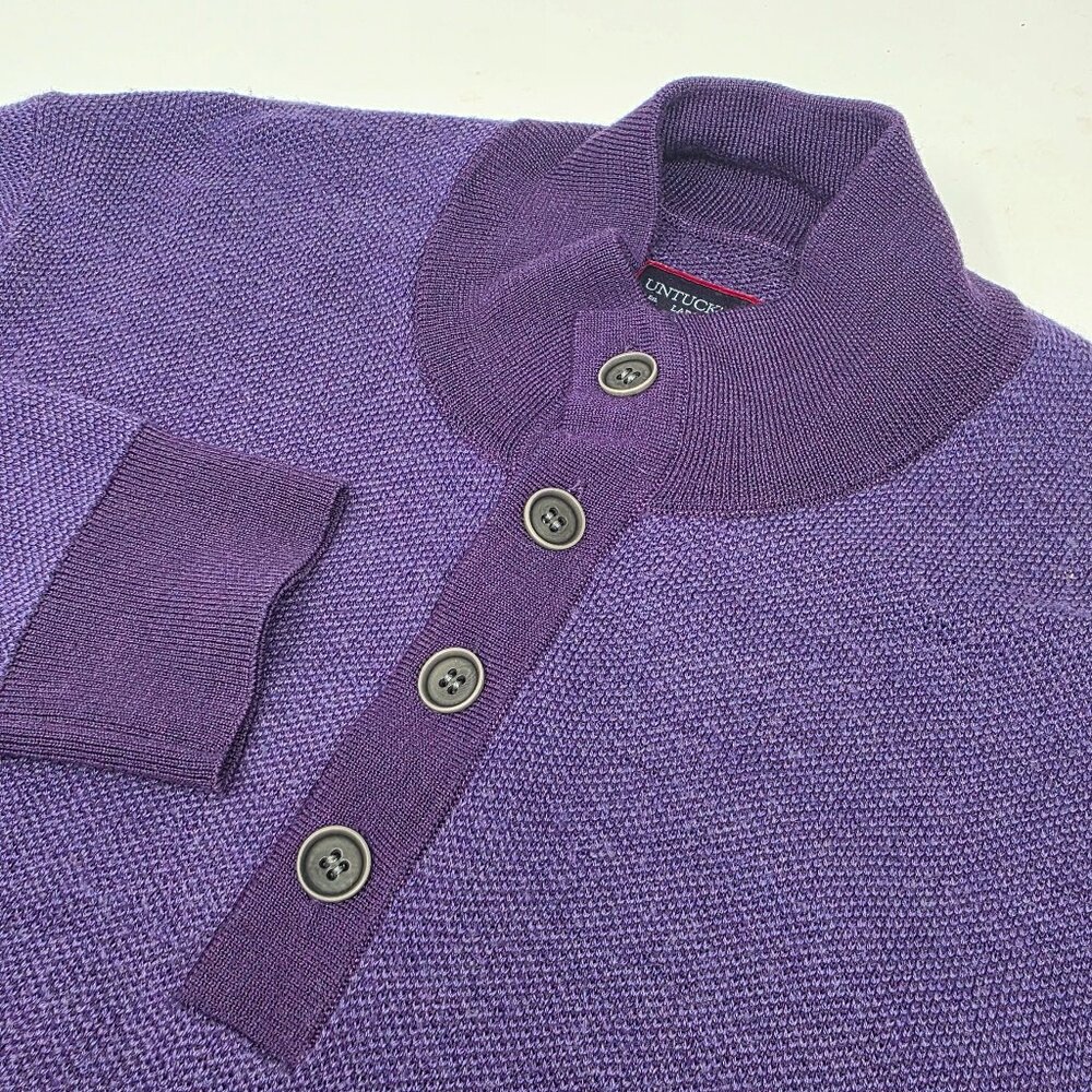 UnTuckit Sweater Mens Large L Merino Wool Henley Button Mock Neck Purple Knit